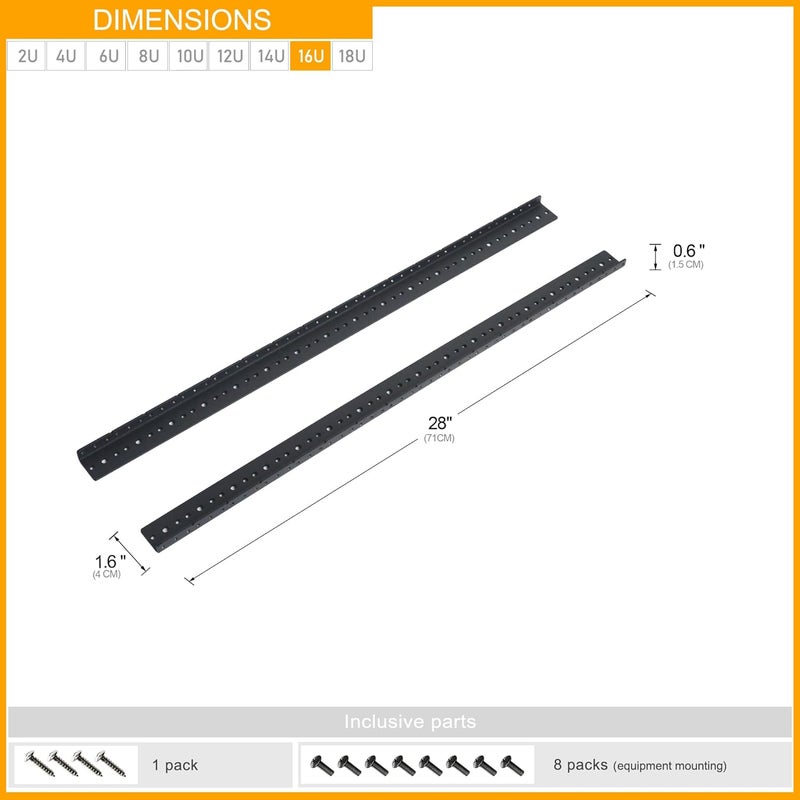 RIVECO 16U Rack Rails 2 PCS, 3.0 mm Thickness Steel Tapered Holes Horizontal & Vertical Rack Mount Rails for Recording & Network Wooden Cabinet Mounting, 10/32 Screws Included - Image 4